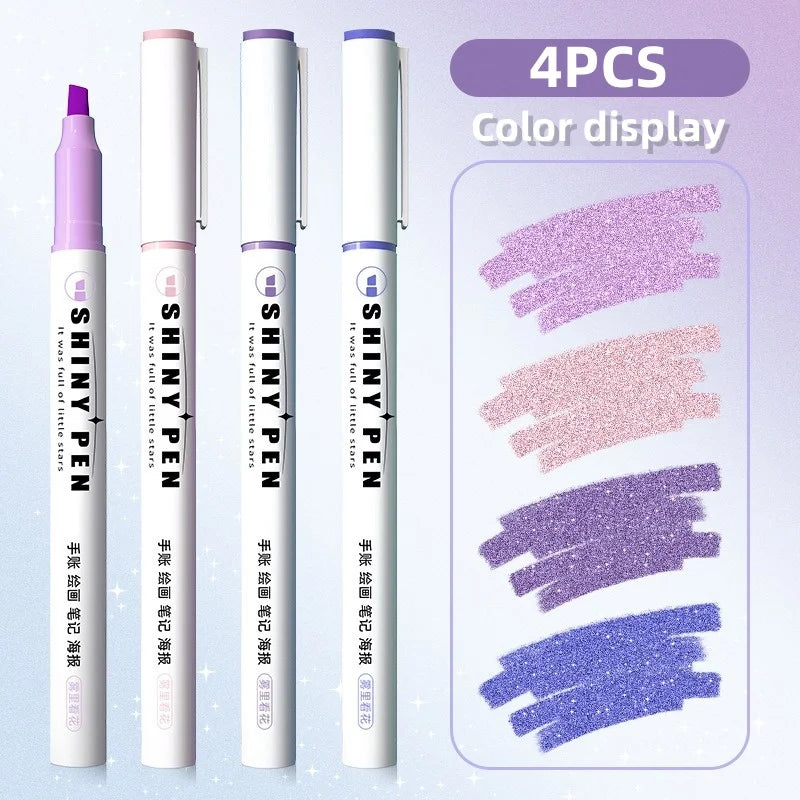 4Pcs Glitter Color Shiny Pens Set Bling Sparkling Highlighter Marker 4Mm Brush for Drawing Painting Art School Metallic Glitter