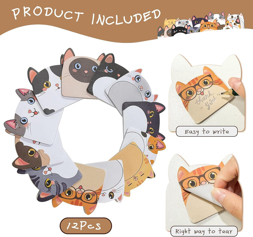 Cute Sticky Notes, 12 Pack Novelty Cat Shaped Markers Flags Fun Sticky Notes for Office Home Students Roommates Tab Gifts