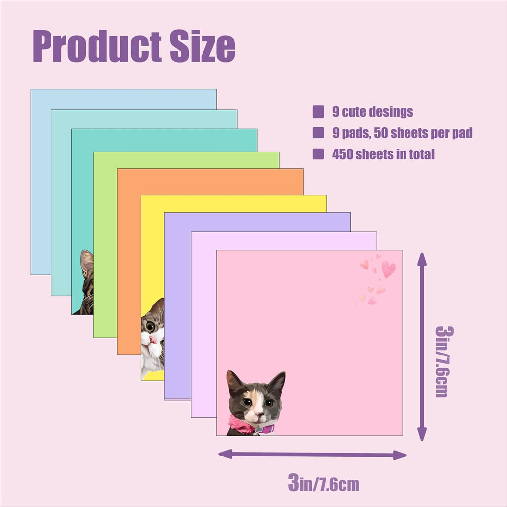 Cute Black Cat Sticky Notes Set - 9 Pads of 3" x 3" Self-Adhesive Notepads for Cat Lovers, Office Decor, and School Supplies