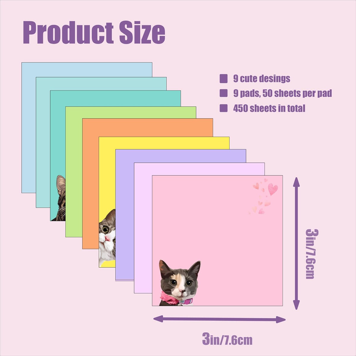 Cute Black Cat Sticky Notes Set - 9 Pads of 3" x 3" Self-Adhesive Notepads for Cat Lovers, Office Decor, and School Supplies