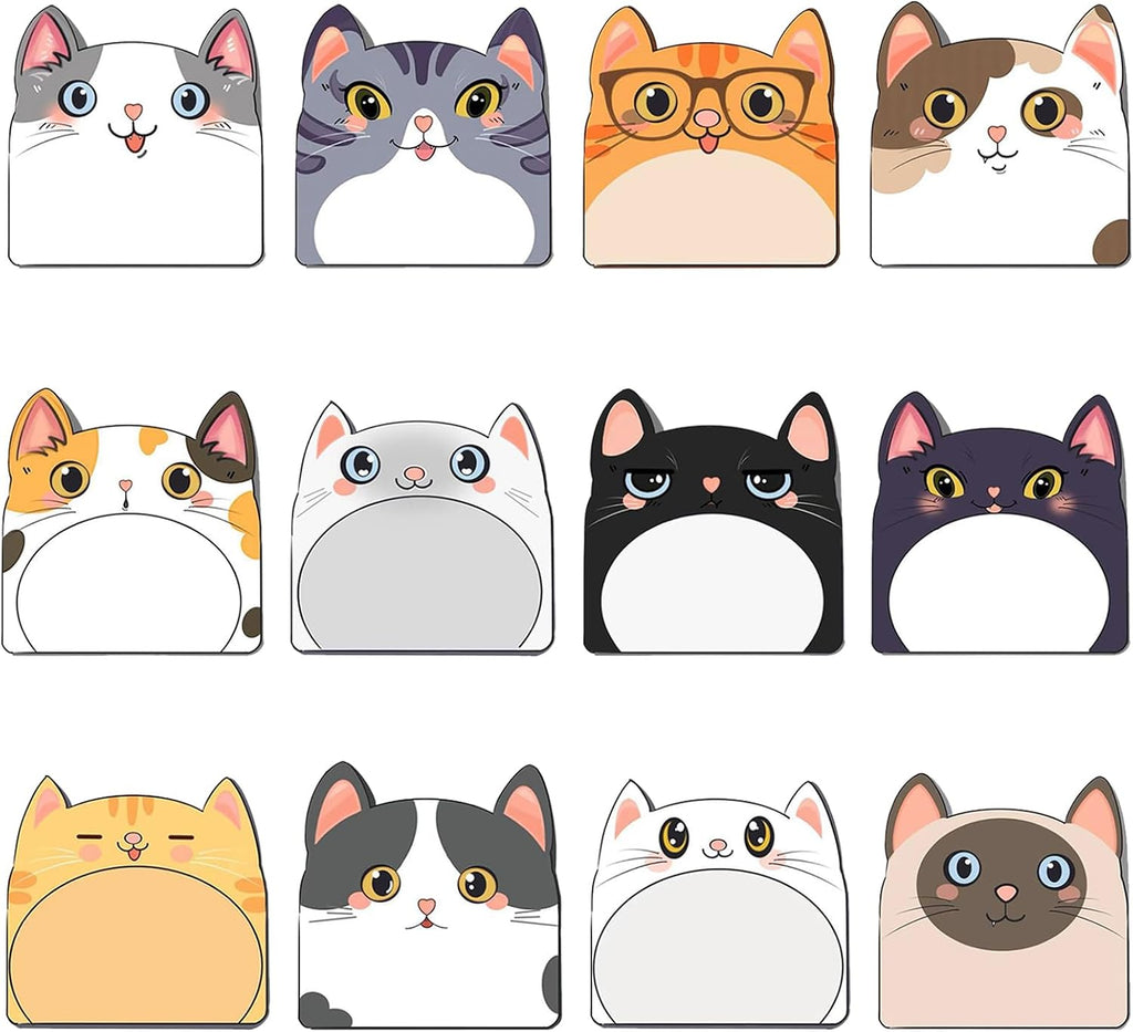 Cute Sticky Notes, 12 Pack Novelty Cat Shaped Markers Flags Fun Sticky Notes for Office Home Students Roommates Tab Gifts