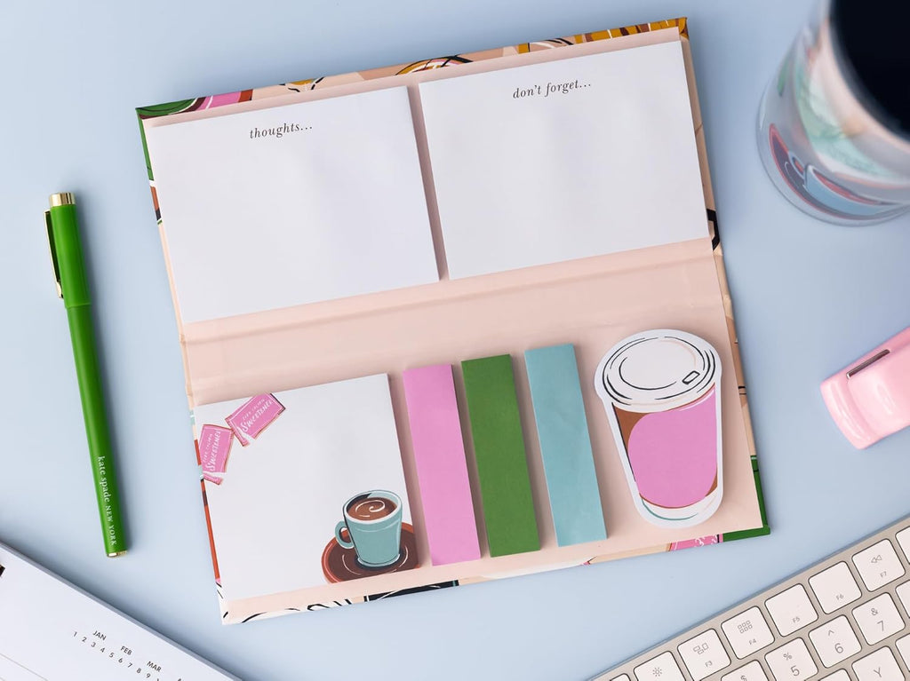 Kate Spade New York Sticky Note Folio Set of 7, Rise and Shine | Padfolio with Small Assorted Adhesive Note Sheets with 75 Pages Each, Cute Stationery for Studying and To-Dos
