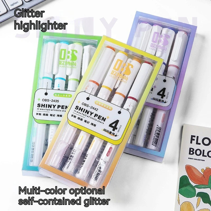 4Pcs Glitter Color Shiny Pens Set Bling Sparkling Highlighter Marker 4Mm Brush for Drawing Painting Art School Metallic Glitter