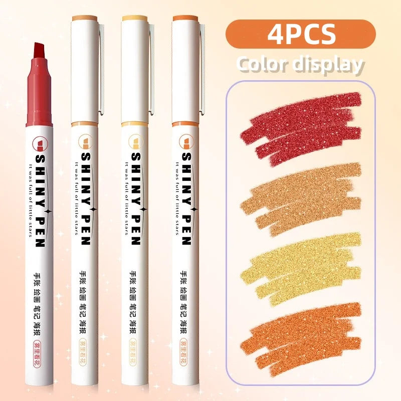 4Pcs Glitter Color Shiny Pens Set Bling Sparkling Highlighter Marker 4Mm Brush for Drawing Painting Art School Metallic Glitter