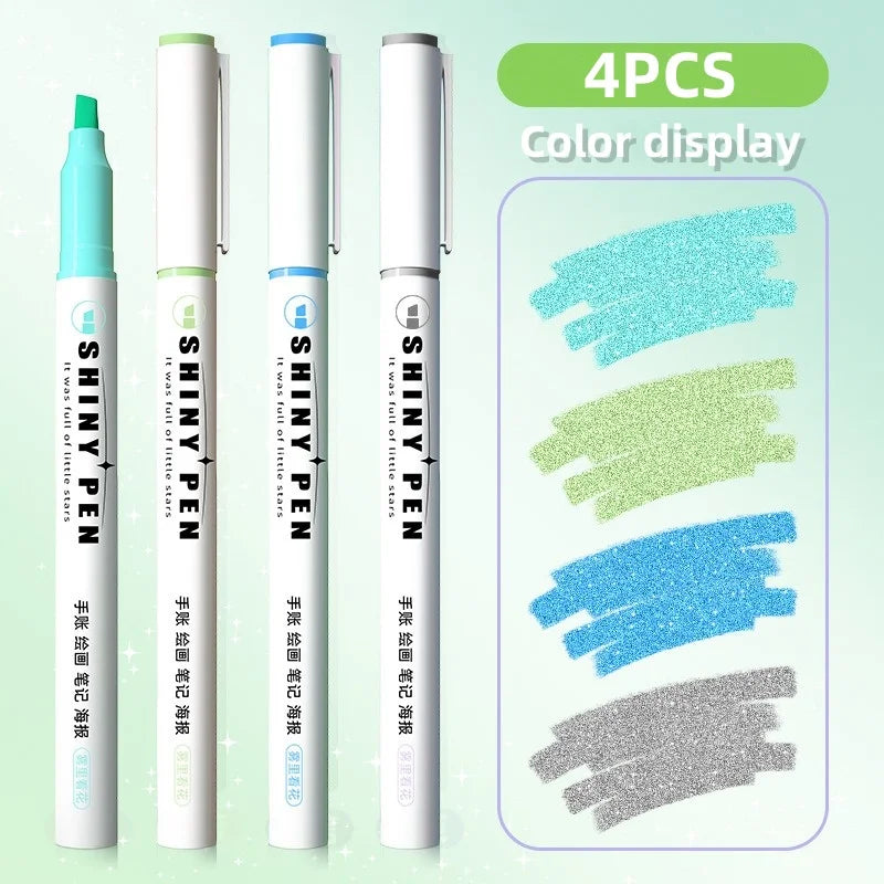 4Pcs Glitter Color Shiny Pens Set Bling Sparkling Highlighter Marker 4Mm Brush for Drawing Painting Art School Metallic Glitter