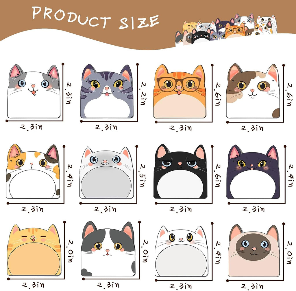 Cute Sticky Notes, 12 Pack Novelty Cat Shaped Markers Flags Fun Sticky Notes for Office Home Students Roommates Tab Gifts