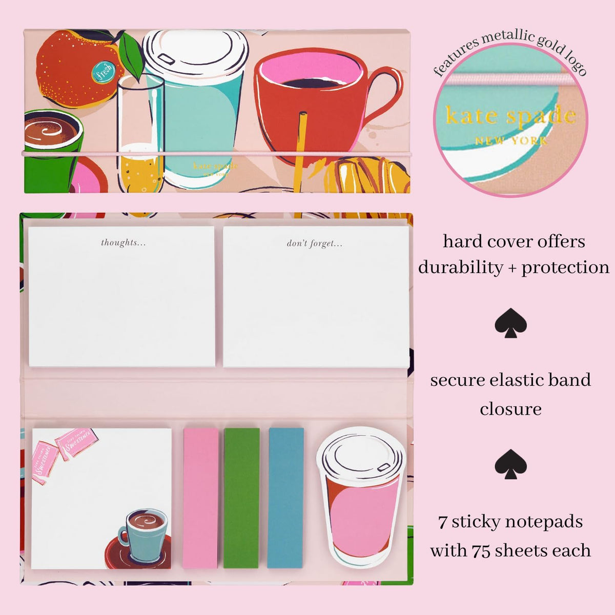 Kate Spade New York Sticky Note Folio Set of 7, Rise and Shine | Padfolio with Small Assorted Adhesive Note Sheets with 75 Pages Each, Cute Stationery for Studying and To-Dos