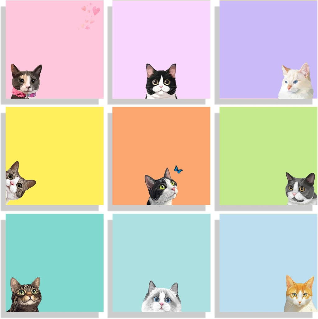 Cute Black Cat Sticky Notes Set - 9 Pads of 3" x 3" Self-Adhesive Notepads for Cat Lovers, Office Decor, and School Supplies
