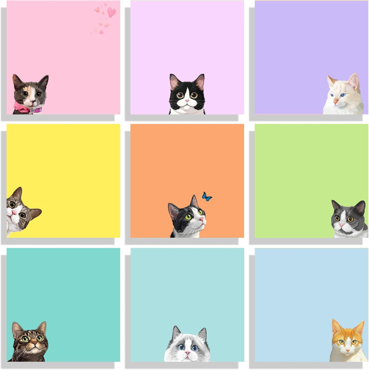 Cute Black Cat Sticky Notes Set - 9 Pads of 3" x 3" Self-Adhesive Notepads for Cat Lovers, Office Decor, and School Supplies
