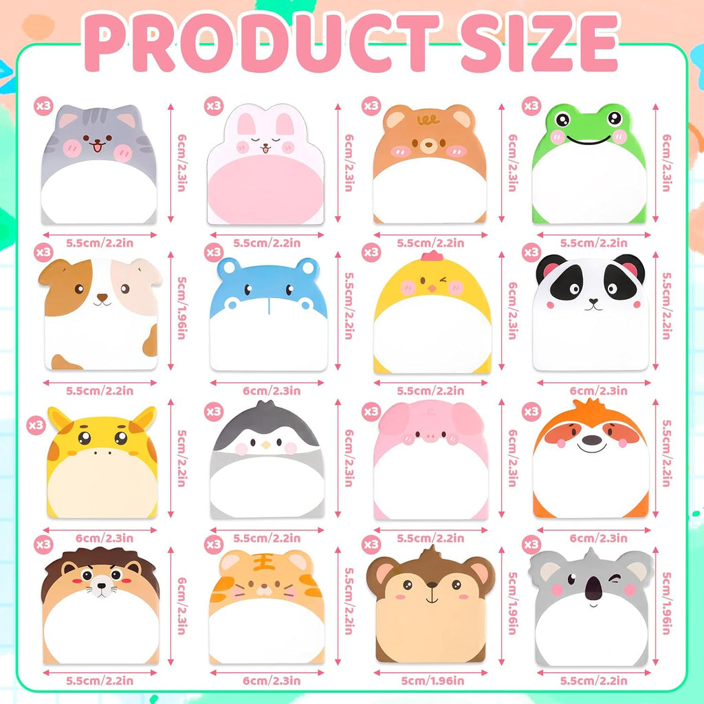 48 Pads 960 Sheets Cute Sticky Notes, Kawaii Fun Animal Sticky Notes Mini Cartoon Notes Pads Bulk Memo Self Adhesive for Home Office School Party Supplies